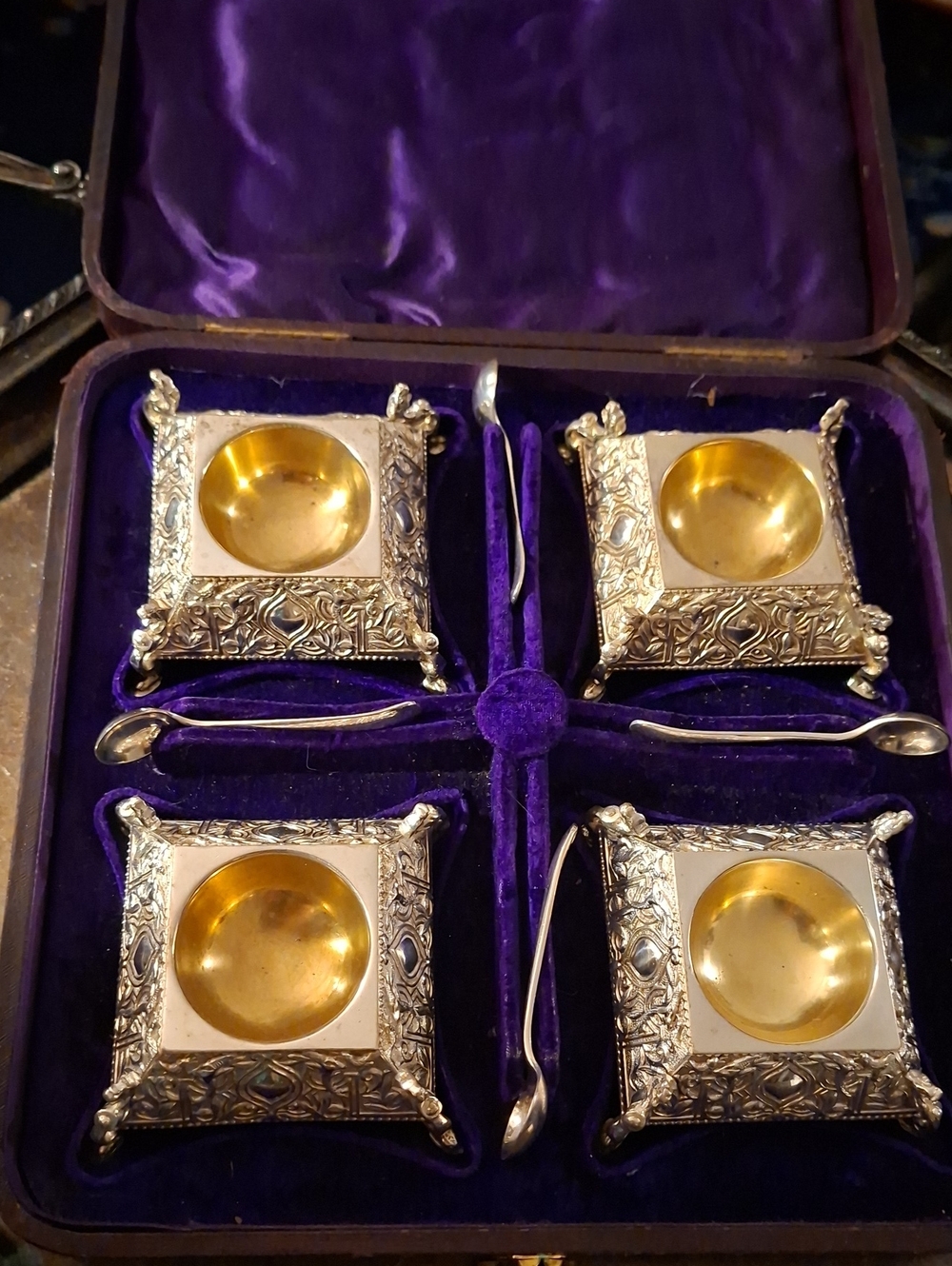 Antique Boxed Set Of 4 Atkin Bros Salt Cellars, Dragon Feet